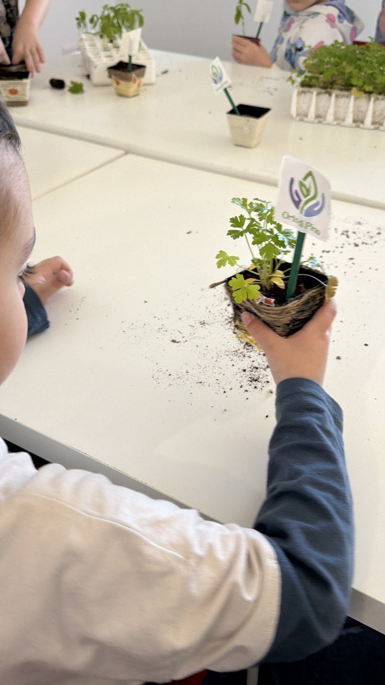 Un bambino tiene una piantina nel vaso decorato