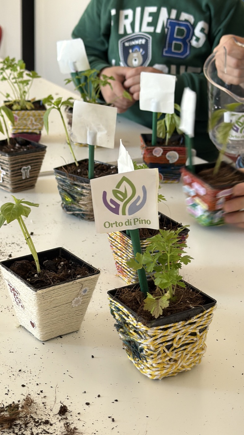 Vasetti decorati e piantine con bandierine Orto di Pino
